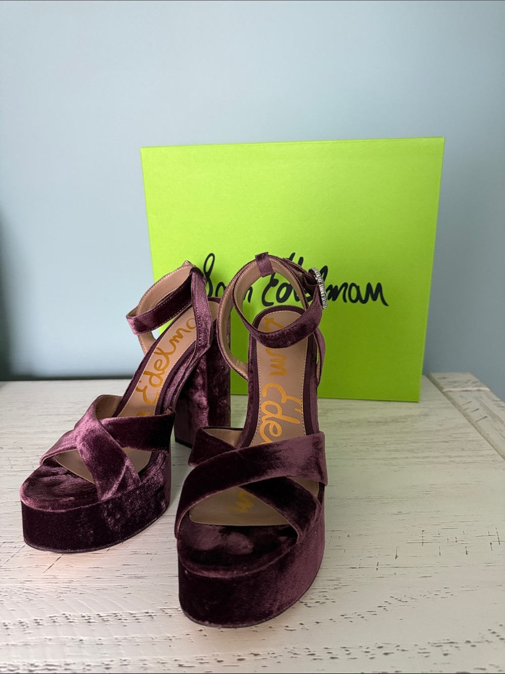 Sam Edelman Savannah Glow Velvet Platform Heels in Plum